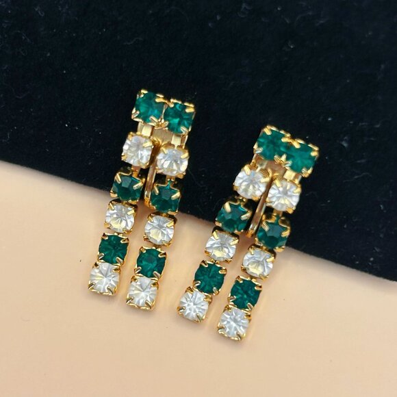Trifari Clip-On Earrings, 1980s Green and White Rhinestones - Picture 2 of 7